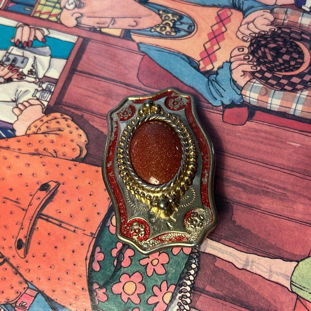 Vintage Gold Red Good Goldstone Western Floral Scroll Belt Buckle